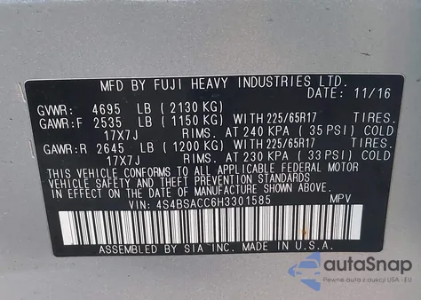 2017 Subaru Outback 2.5I Premium z USA, uszkodzony, nr VIN 4S4BSACC6H3301585